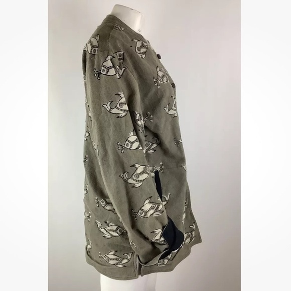 Sam Hilu Sz M Wearable Art Fish Print Jacket Brown 100% Cotton Button Front - Picture 4 of 7